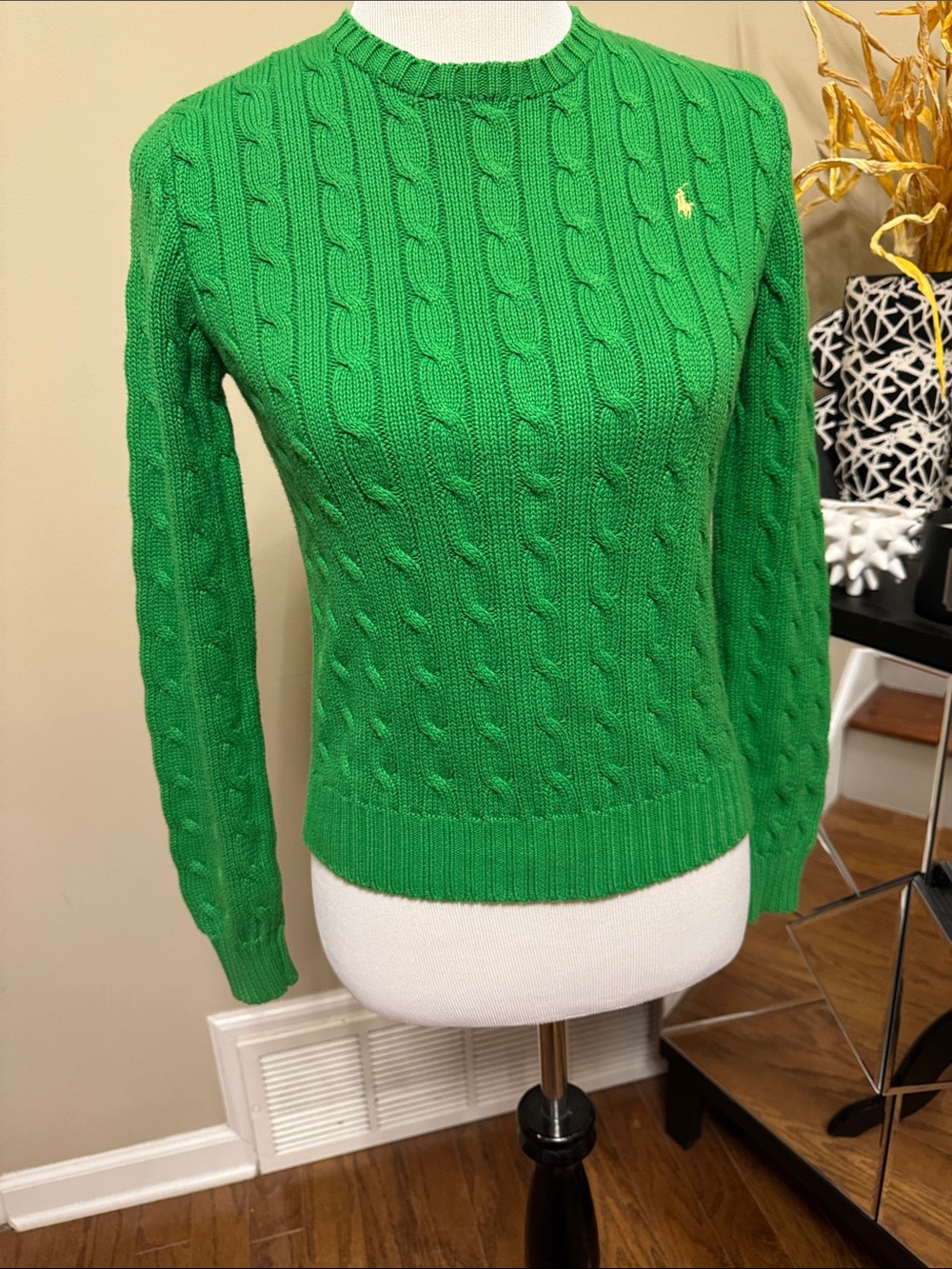 Ralph Lauren Preppy Y2K Green Cable Knit Crewneck Sweater Size S pre-owned